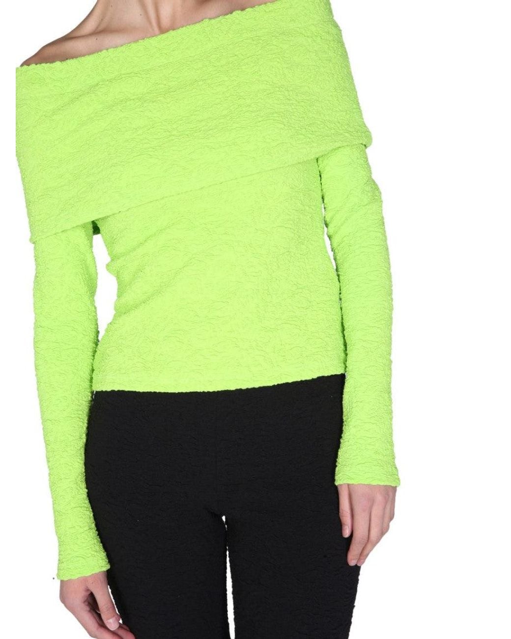 MSGM Green Textured Off Shoulder Top