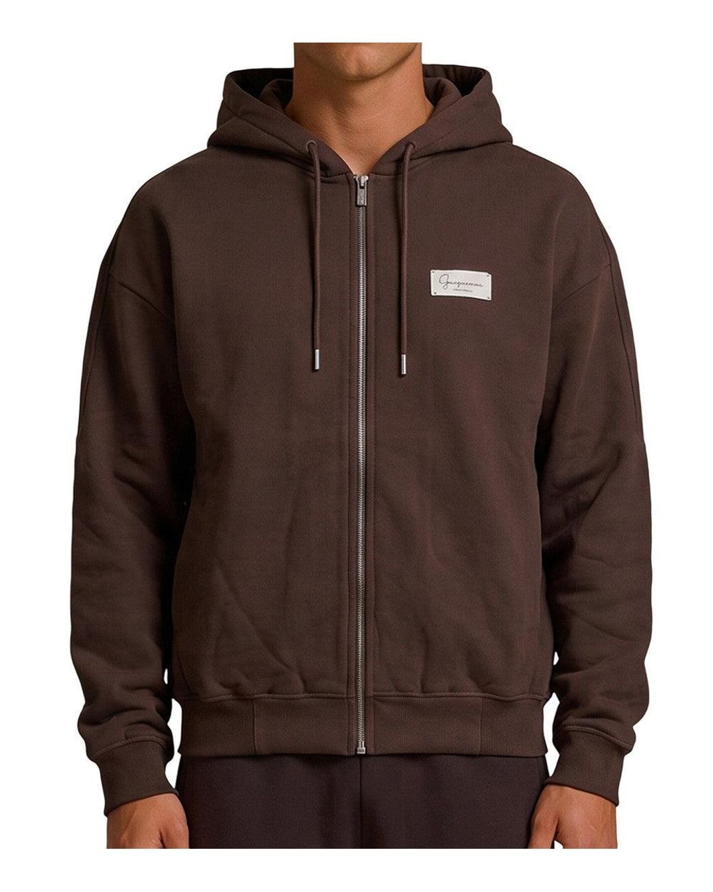 Jacquemus Brown Zip Up Logo Hoodie for men