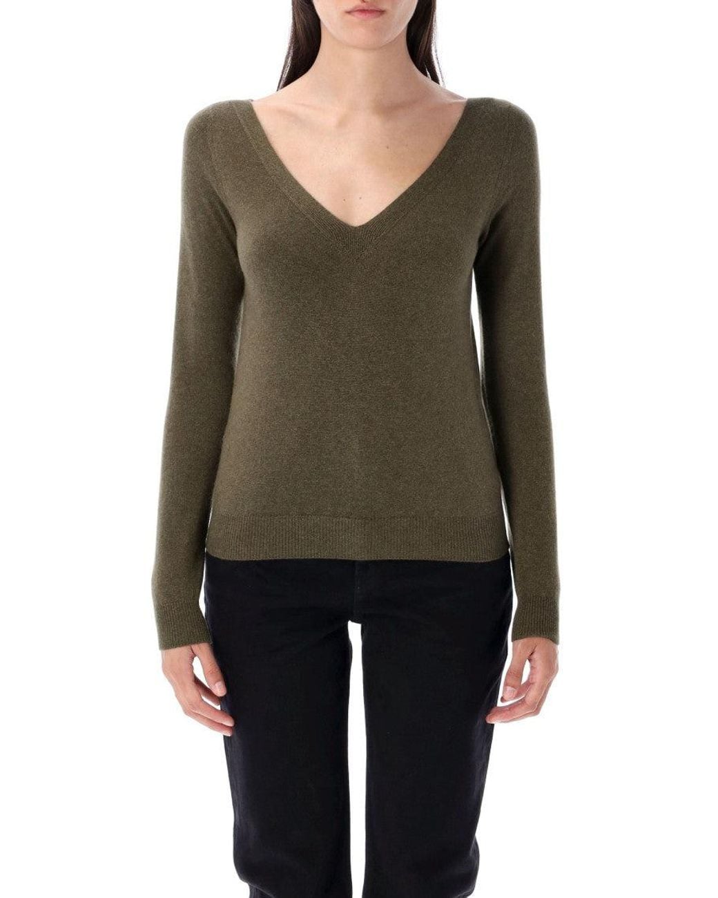 Saint Laurent Green Khaki V-Neck Sweater
