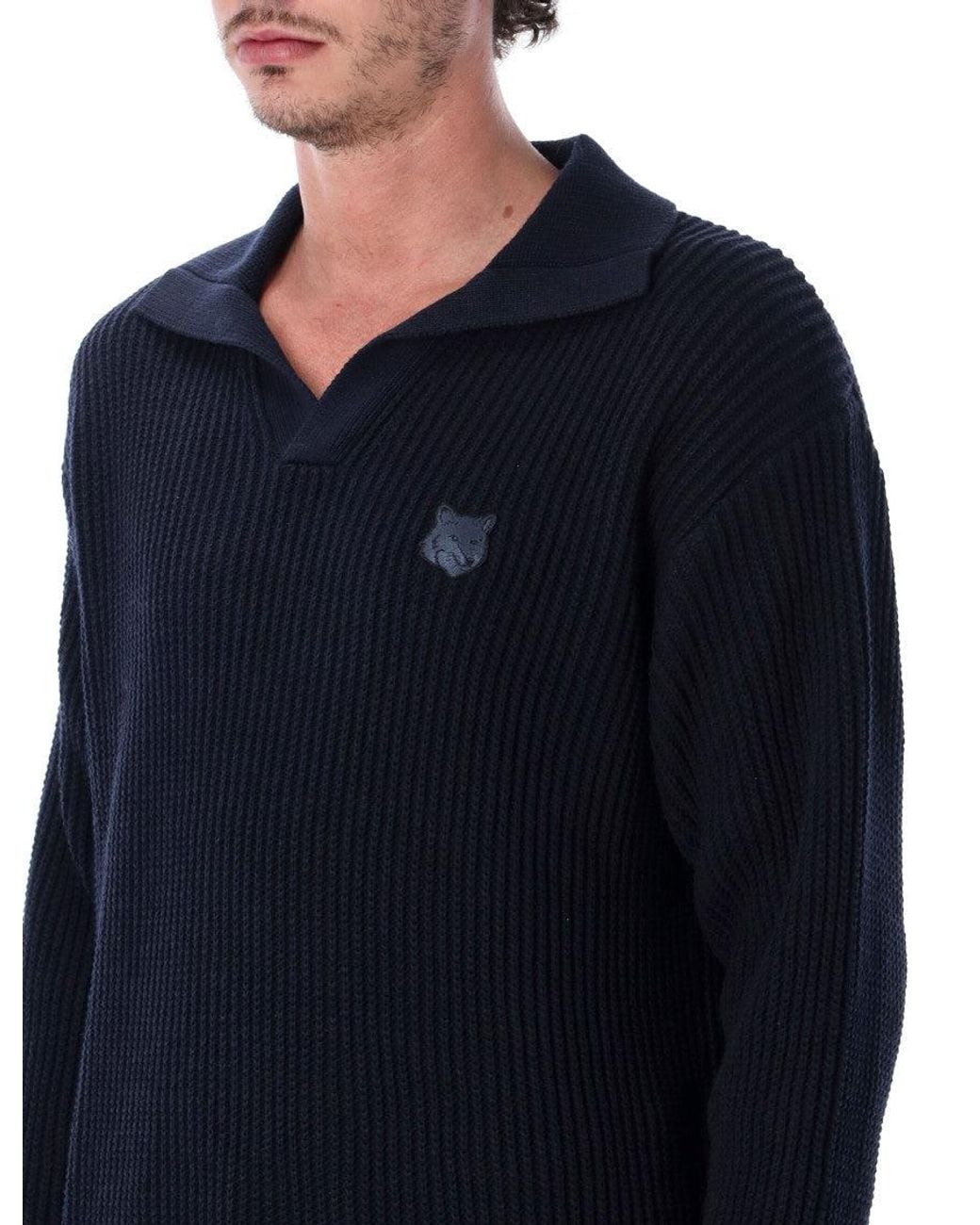 Maison Kitsuné Blue Knitted Polo Sweater for men