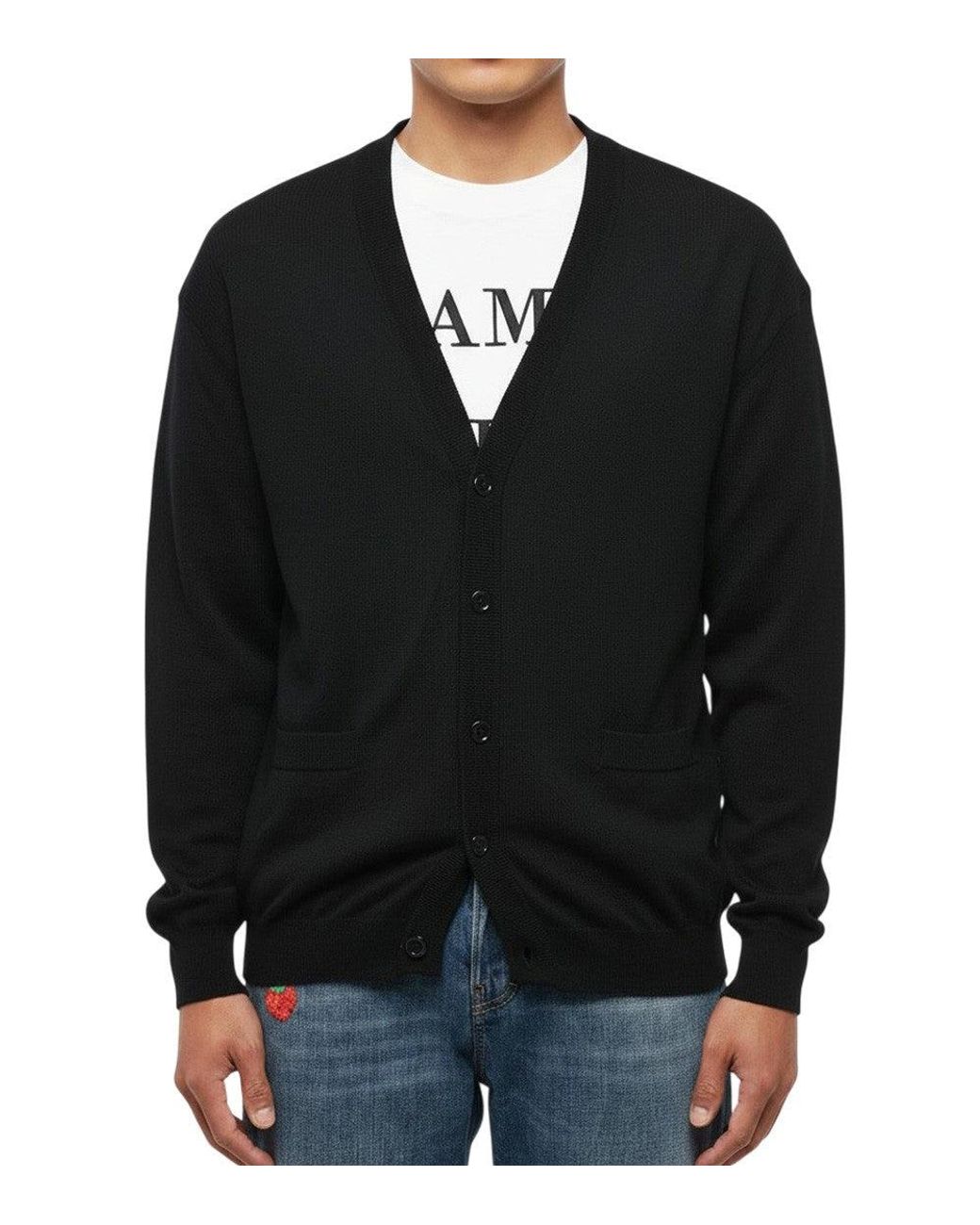 Moschino Black Textured V Neck Cardigan for men