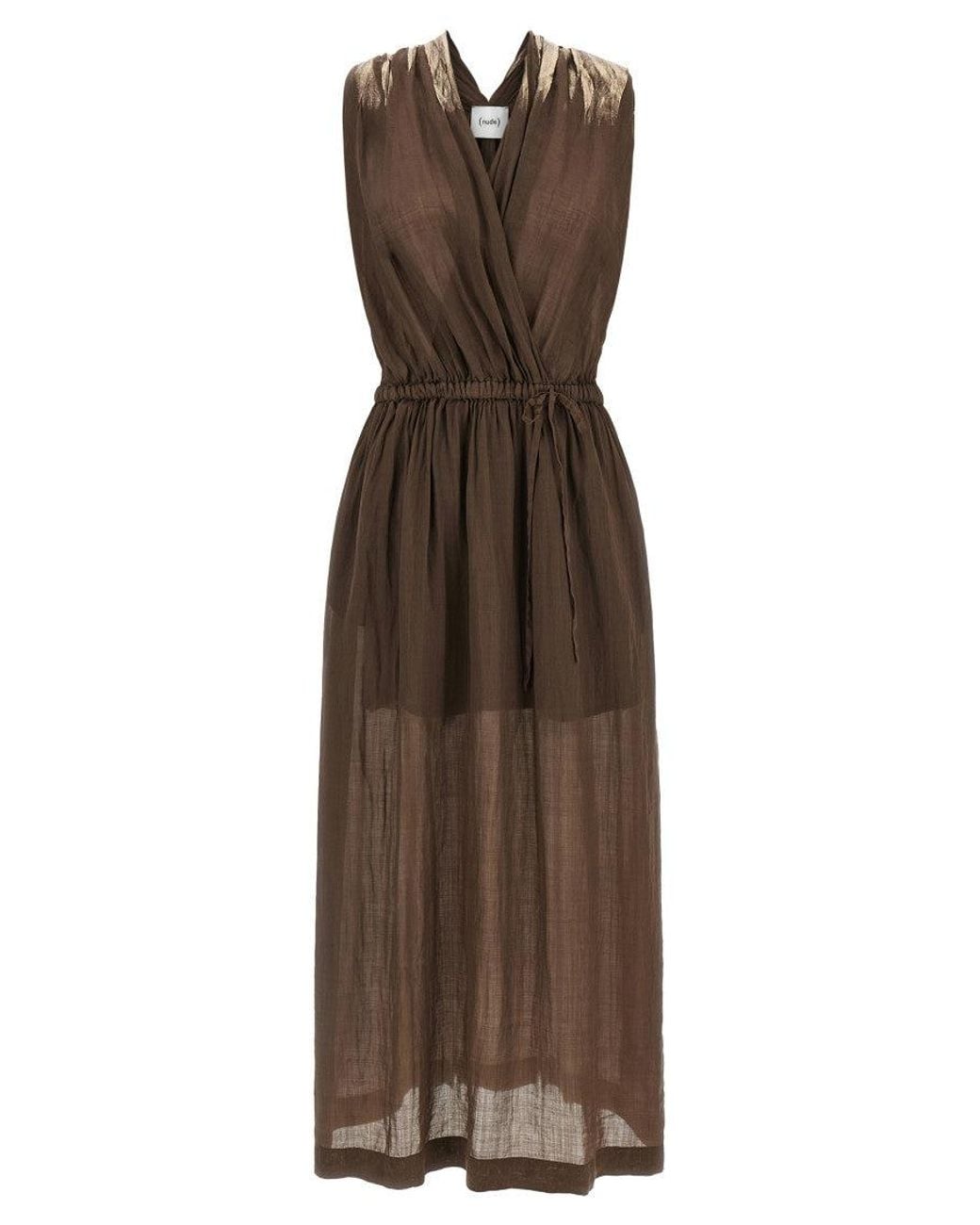 Nude Brown Crossed V-Neck Maxi Dress