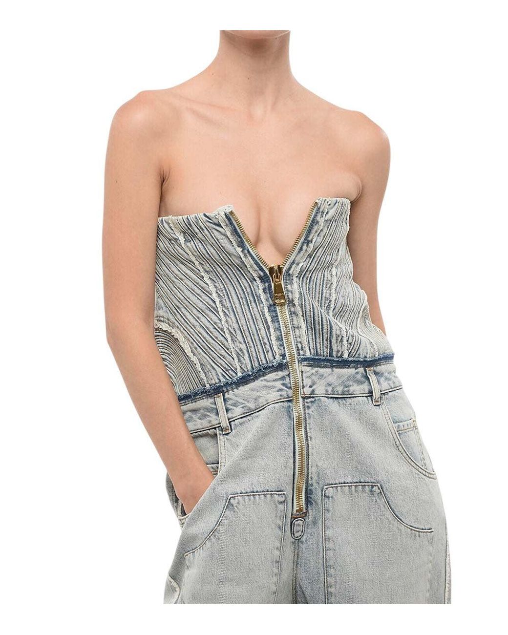 Balmain Blue Strapless Full Length Jumpsuit