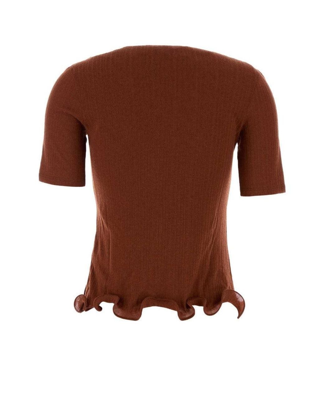 Fendi Brown Crew Neck Logo Ribbed Top