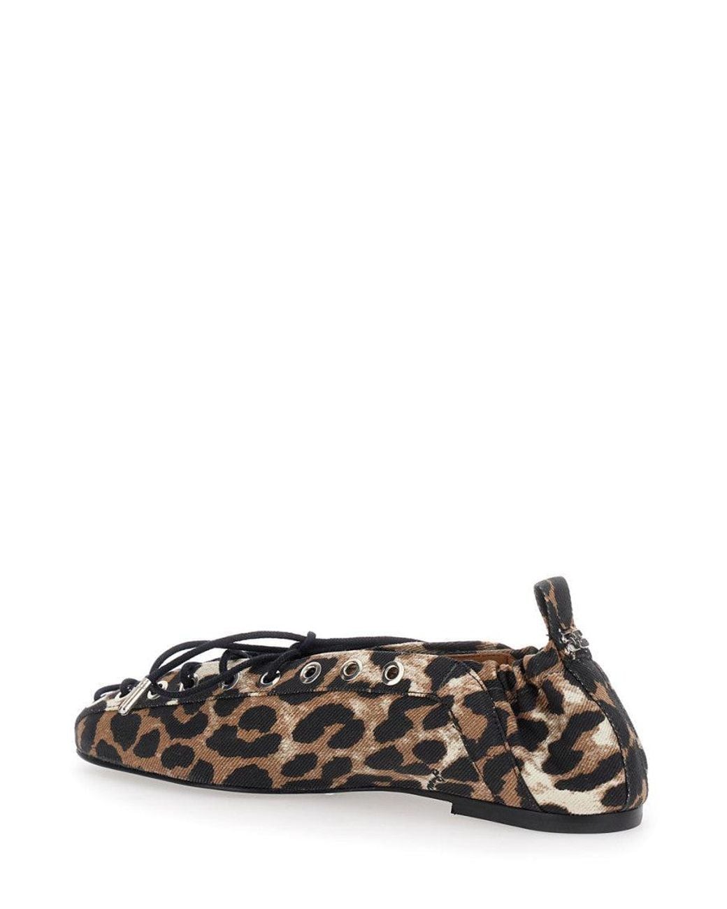 Ganni Black Leopard Print Lace-Up Ballet Flats