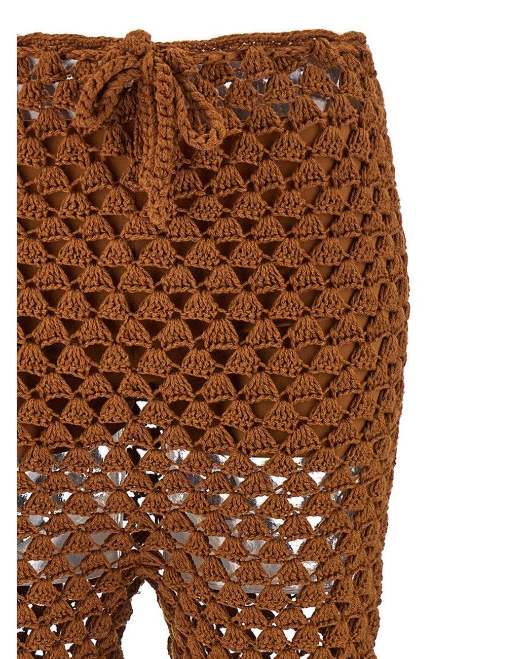 Ermanno Scervino Brown Fan-Stitch Crochet Pants With Flared Leg Design