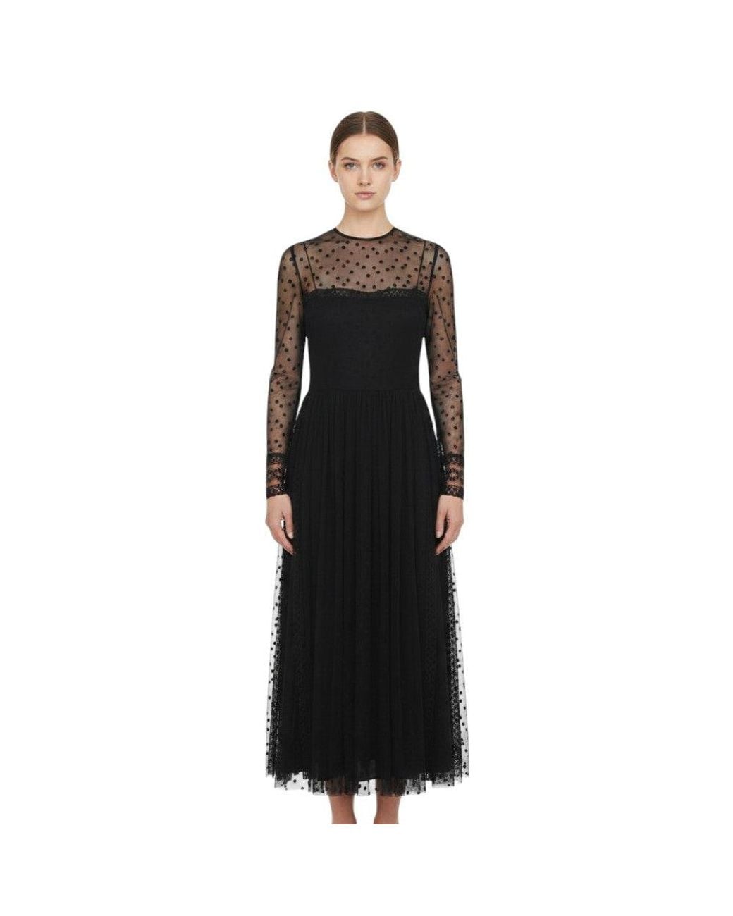 Alberta Ferretti Black Polka Dot Round Neck Midi Dress