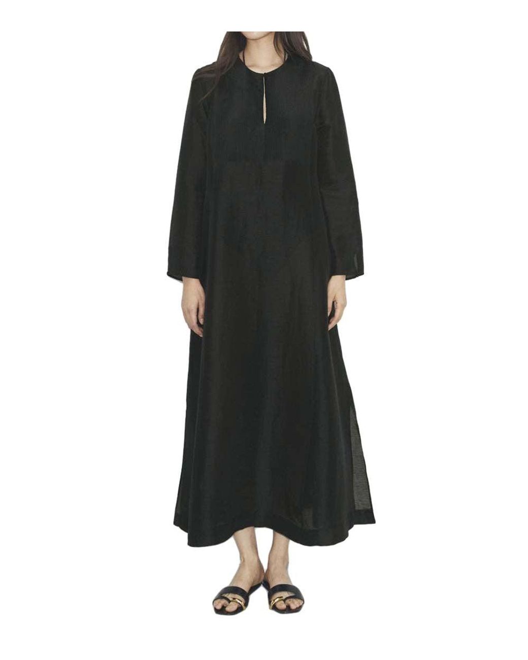 Tory Burch Black Round Neck Pleated Insert Maxi Dress