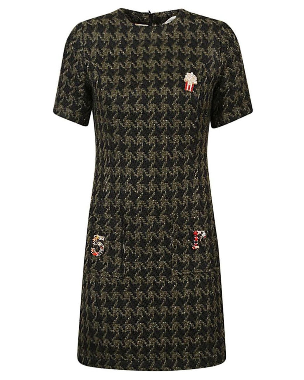 5 PROGRESS Black Houndstooth Wool Blend Short Dress