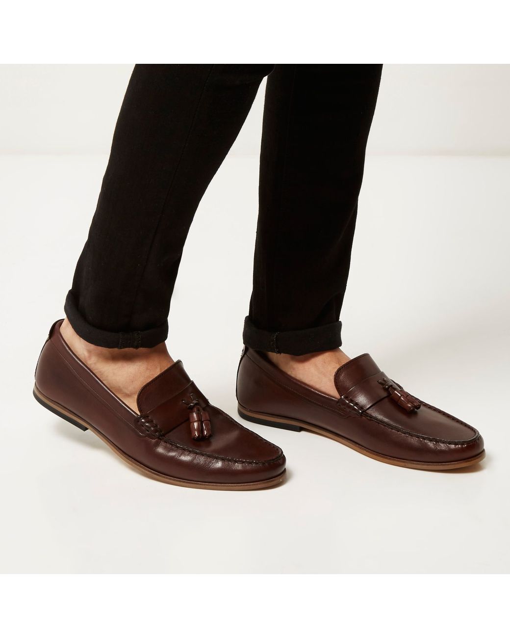 River Island Dark Brown Leather Tassel Loafers for Men | Lyst
