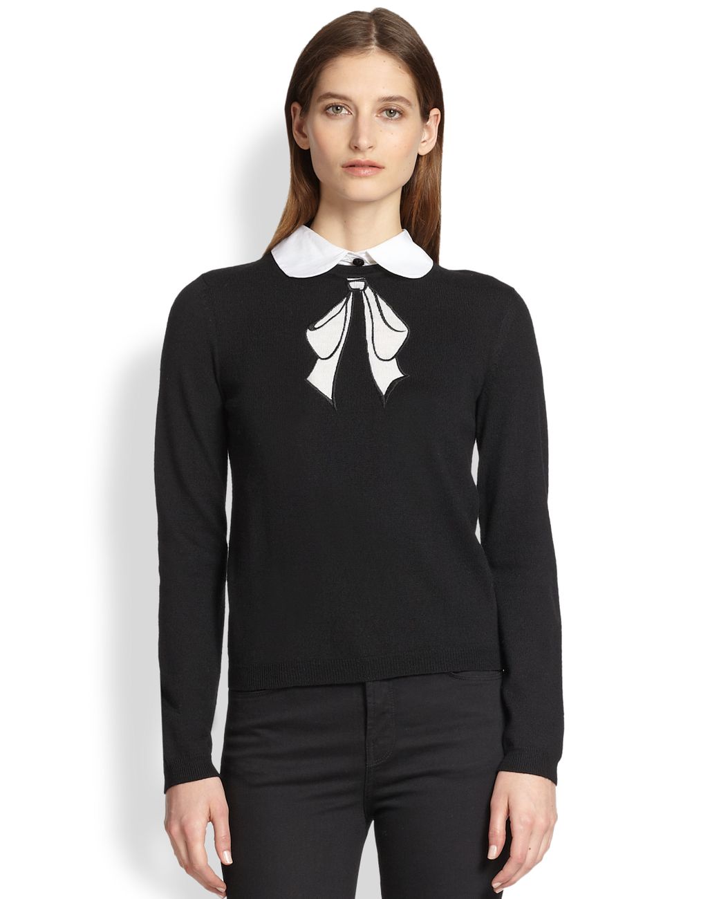 Alice + Olivia Peter Pancollared Wool Embroideredbow Sweater in Black ...