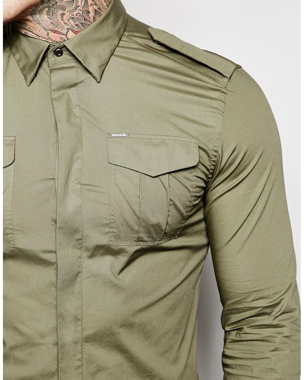 DIESEL Shirt S-haul Slim Fit Military Poplin In Green for Men | Lyst UK