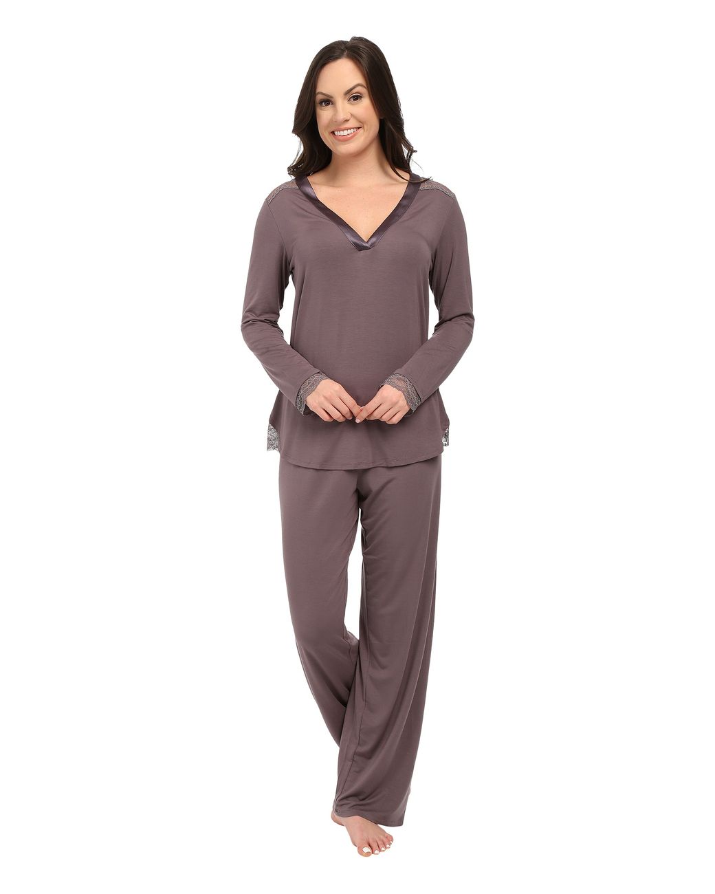Midnight By Carole Hochman A Touch Of Silver Lace Inset Pajama Set in Brown  | Lyst