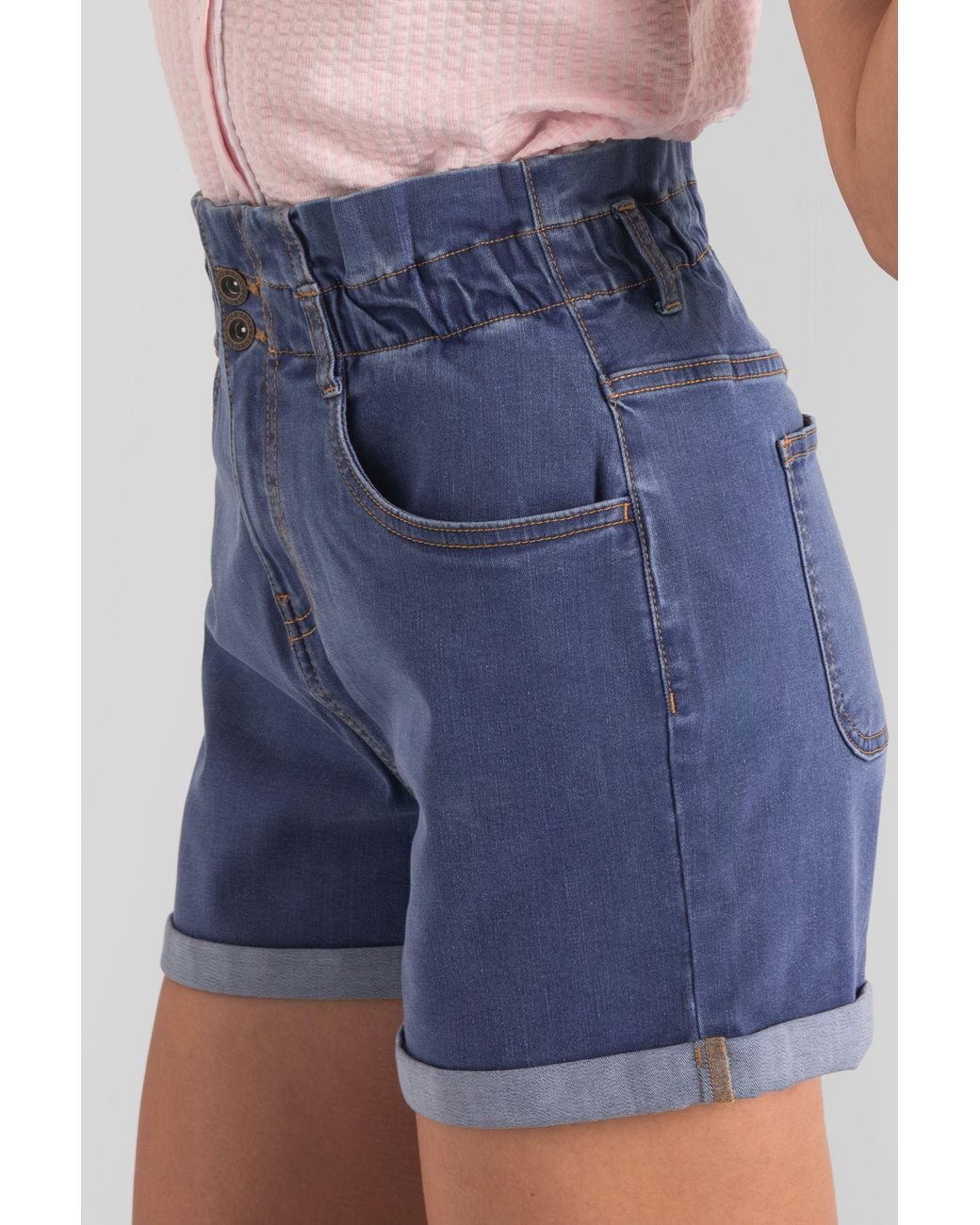 Enorsia Blue Denim Paperbag Waist Folded Hem Shorts