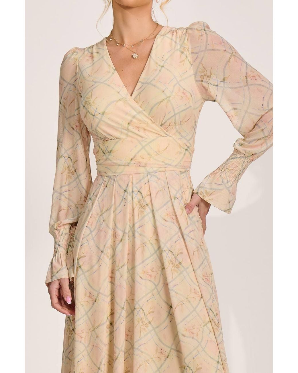 Jolie Moi Natural Long Sleeve V Neck Mesh Maxi Dress