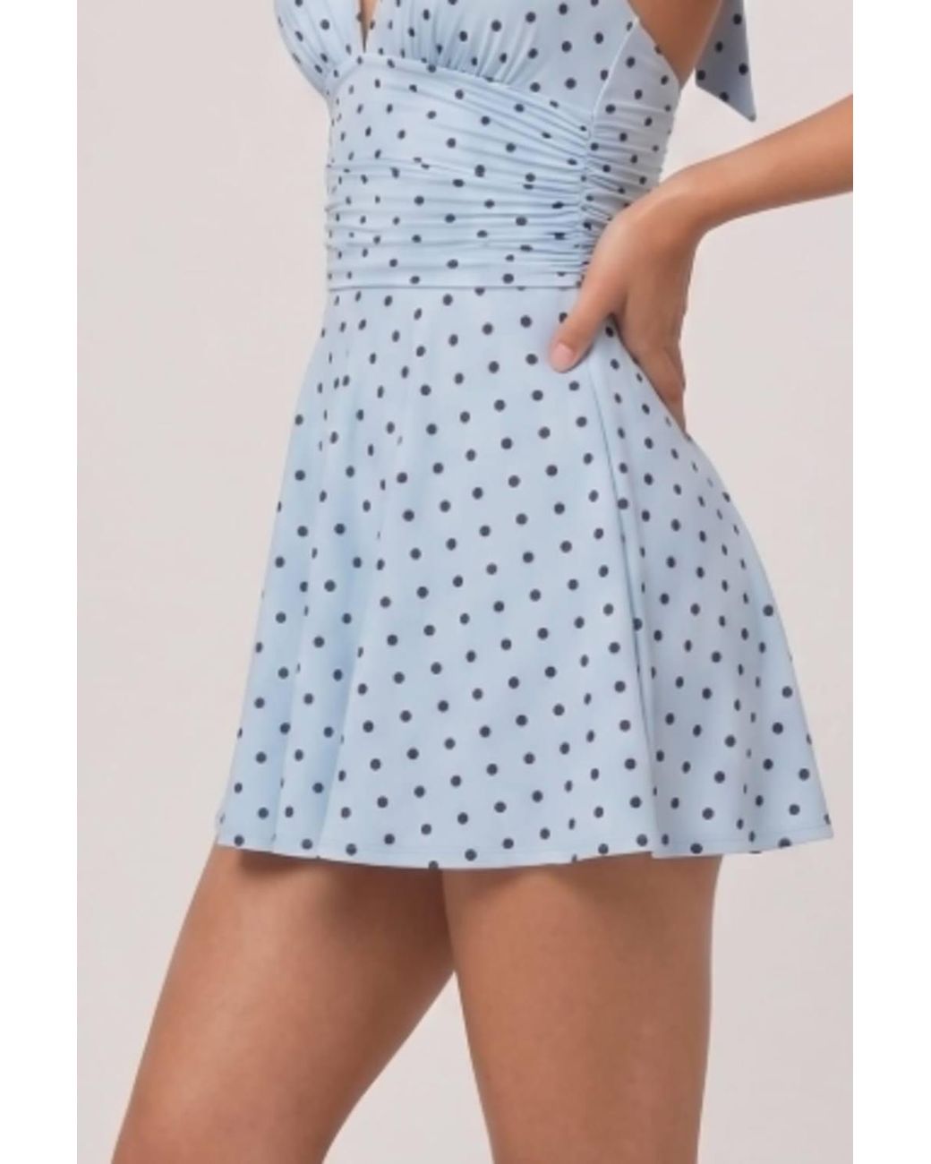 Stylewise Blue Polka Dot Halter Neck Tie Knot Open Back Mini Dress
