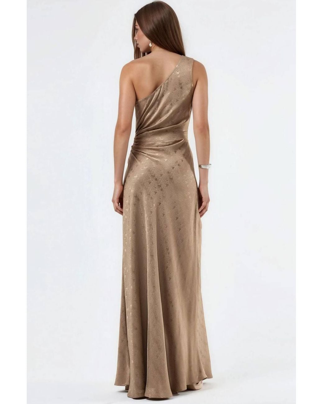 Hiccup Brown Patterned One-Shoulder Satin Dress With Cut-Out Detail