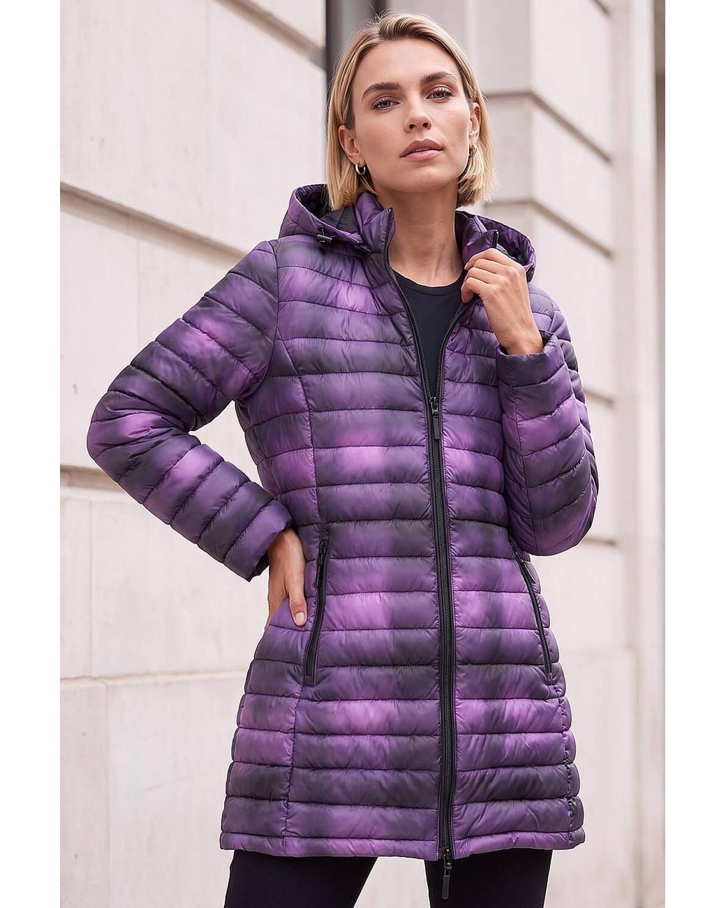 Roman Purple Check Print Quilted Puffer Coat
