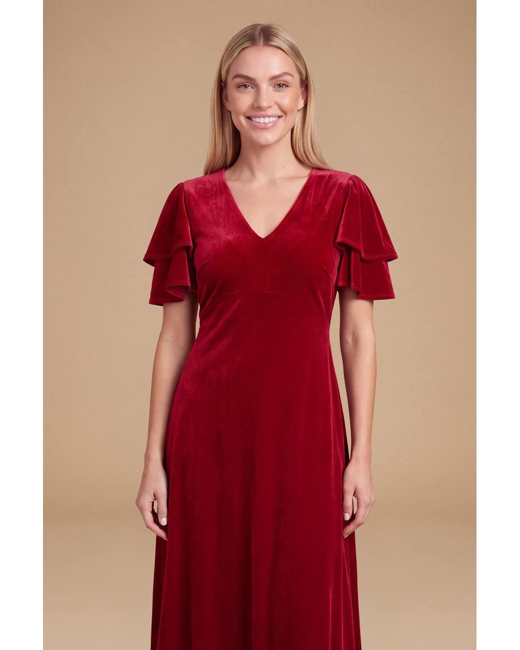 Dorothy Perkins Red Petite Dp Luxe Velvet Double Flutter Midi Dress