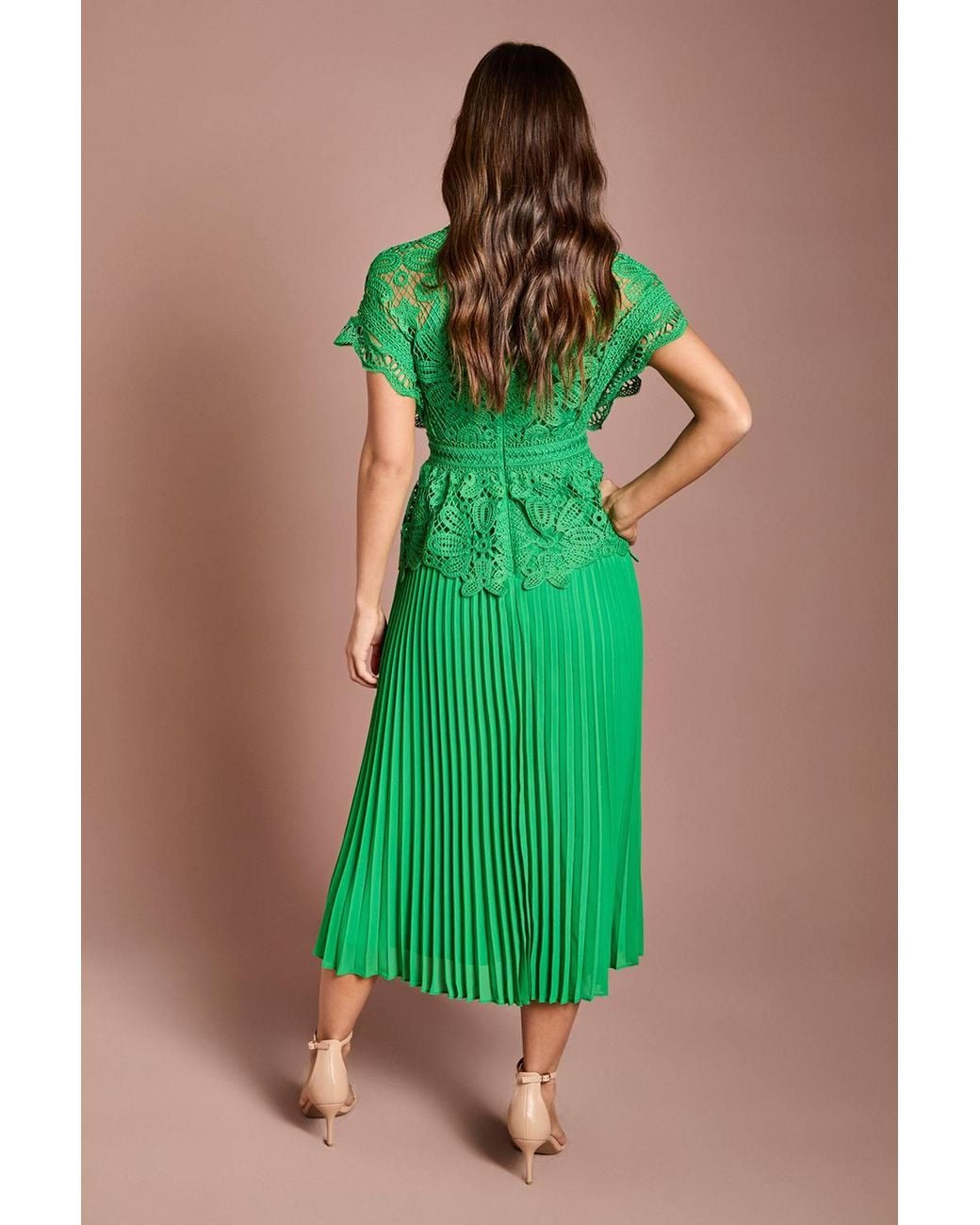 Coast Green Collared Lace Top Pleated Skirt Midi Dress