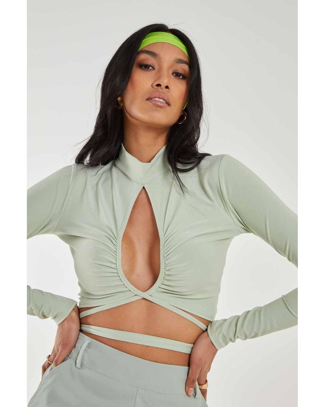 Pink Vanilla Green Keyhole Tie Front Long Sleeve Top