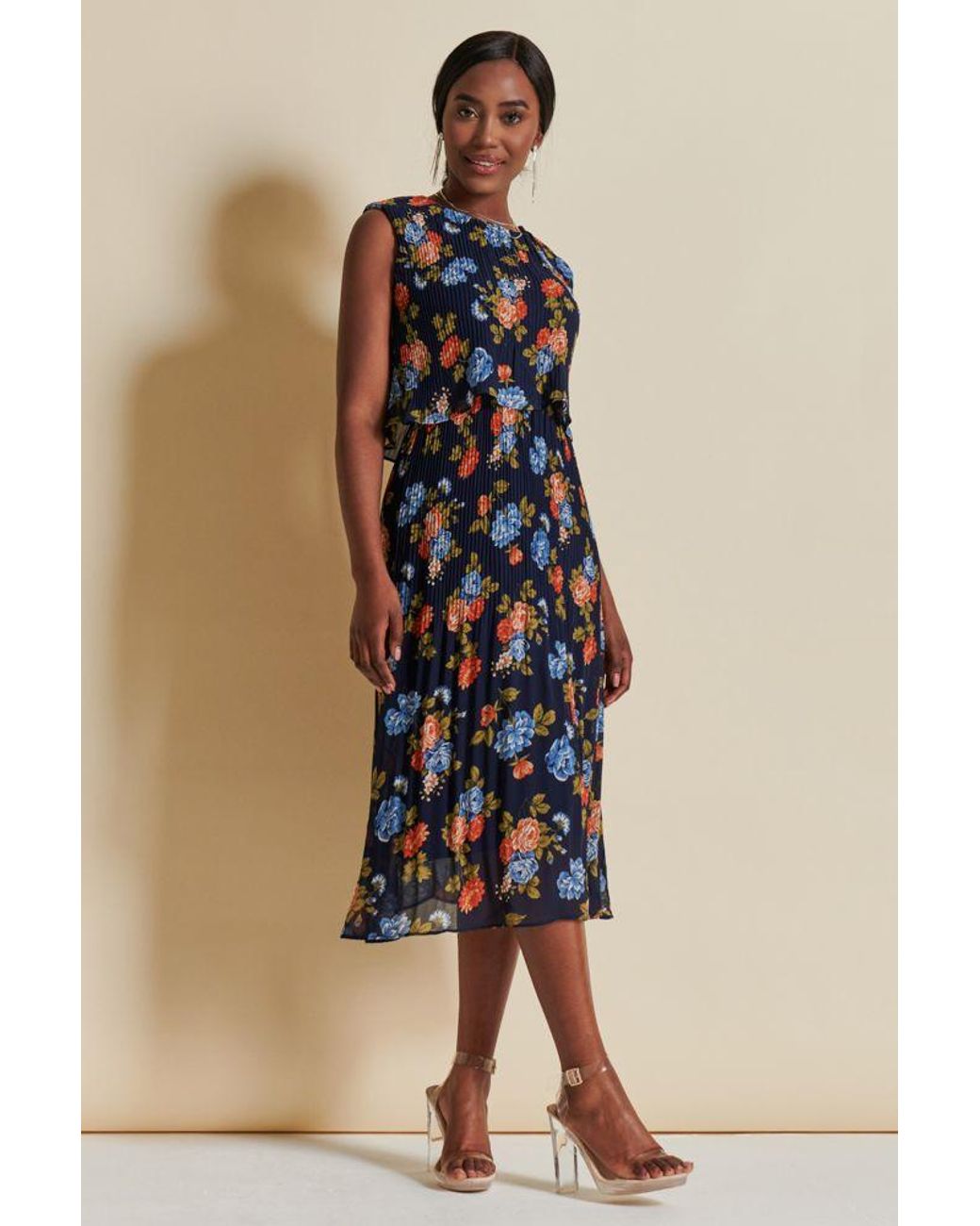Jolie Moi Blue Chiffon Pleated Overlay Midi Dress