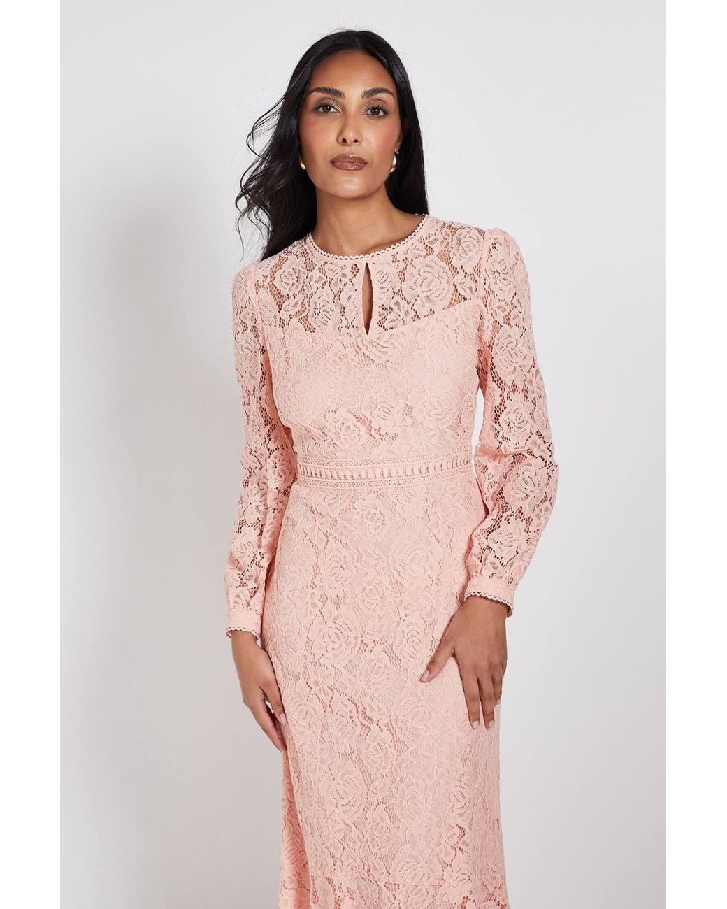 Wallis Pink Petite Lace High Neck Ruffle Midi Dress