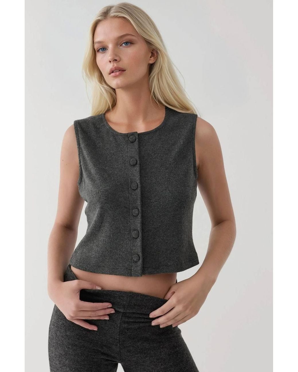 Hiccup Multicolor Textured Crew Neck Sleeveless Waistcoat With Button Detail