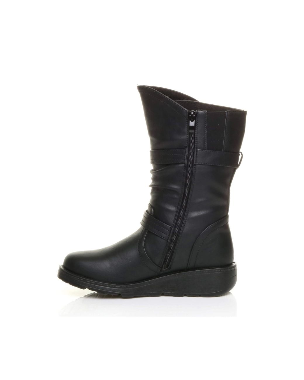 AJVANI Black Low Wedge Heel Comfort Calf Biker Boots