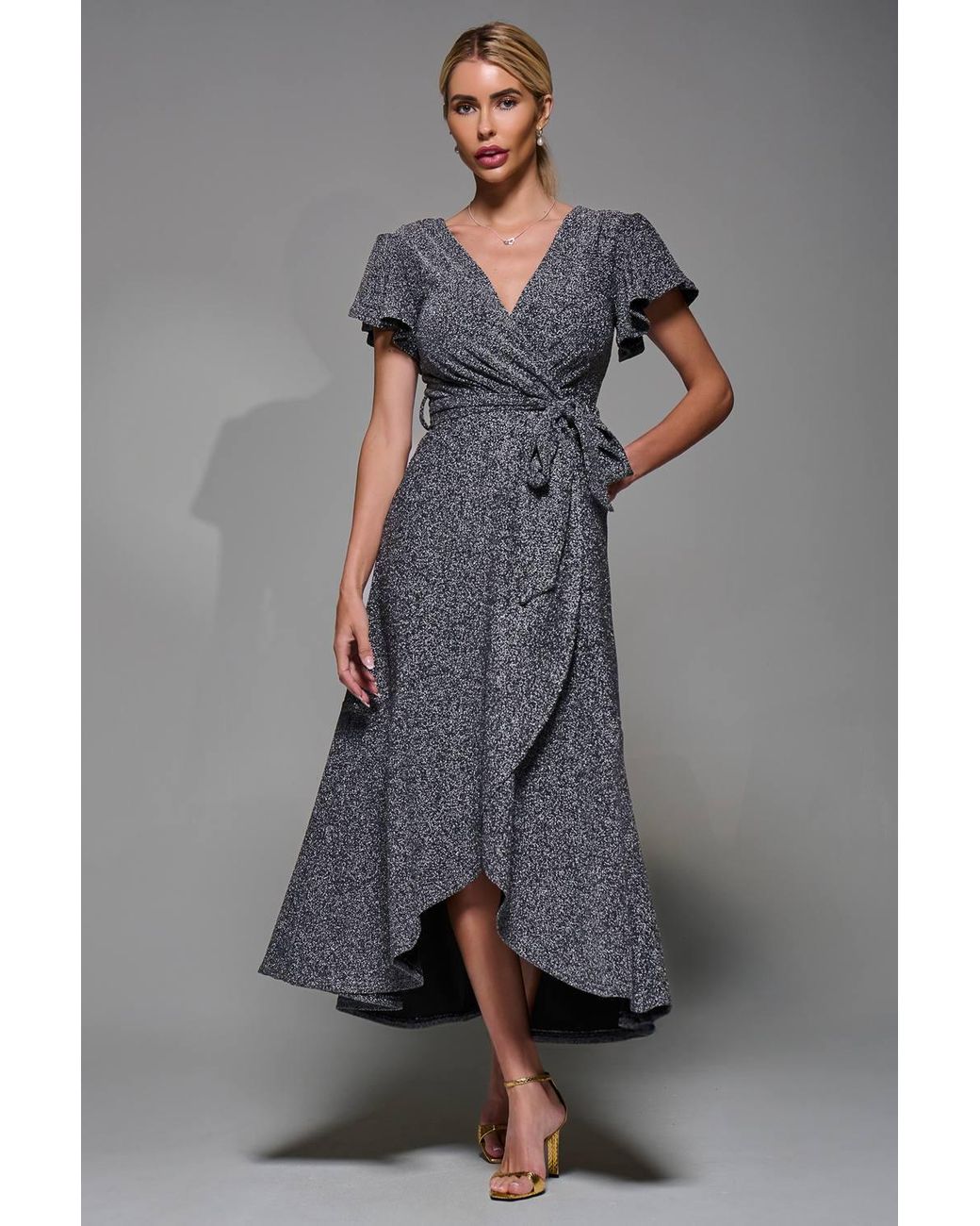 Jolie Moi Gray Metalic Angel Sleeve Wrap Maxi Dress