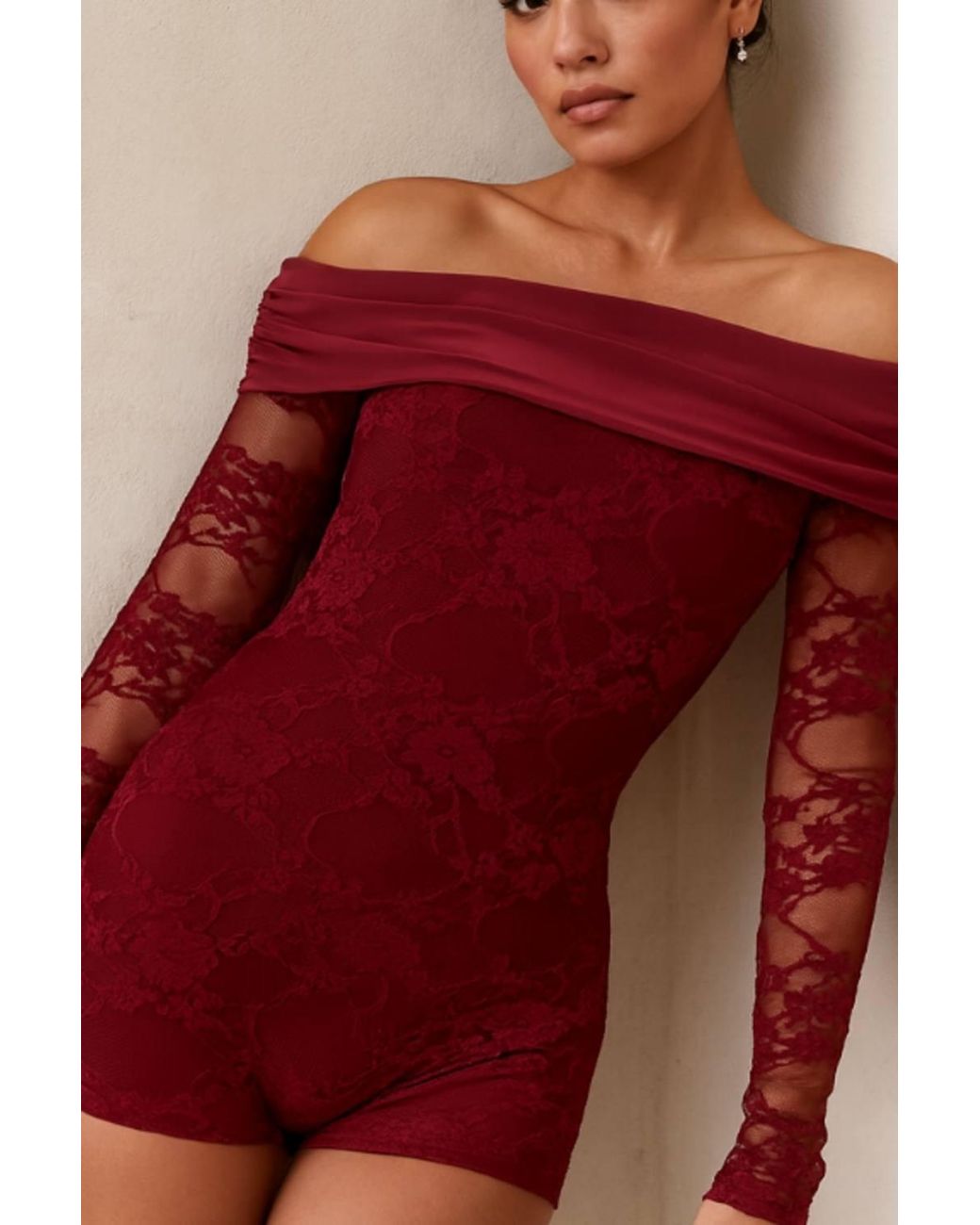 Stylewise Red Lace Detail Off-Shoulder Long Sleeve Playsuit