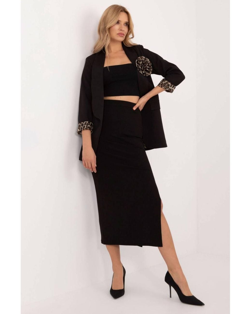 Love Lace Black Ribbed Pencil Midi Skirt With Front Slit