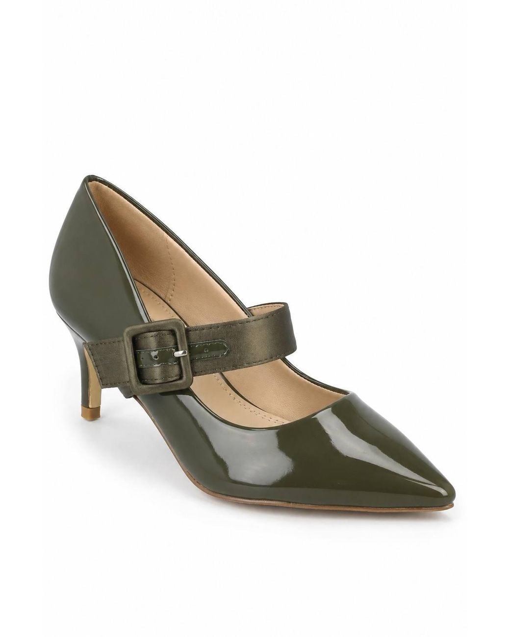 Spot on Metallic Patent Buckle Strap Pointed Toe Court Shoes