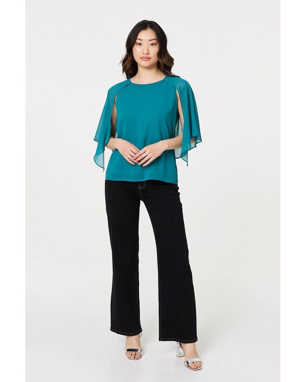 Izabel London Green Semi Sheer Cut Out 3/4 Sleeve Blouse