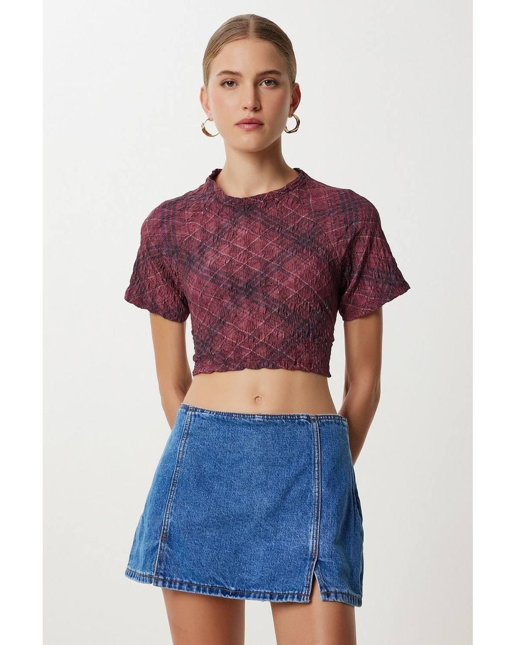 Happiness İstanbul Red Abstract Print Short Sleeve Slim Fit Crop Blouse