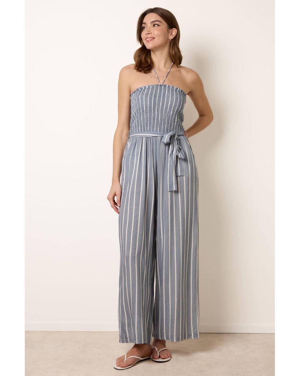 Blue Vanilla Gray Shirred Waist Sleeveless Belted Bardot Jumpsuit