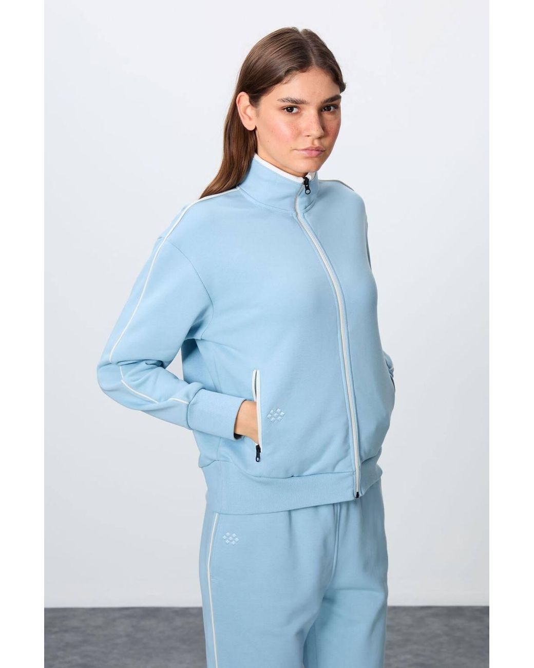 TOMMY LIFE Blue Oversized Zip-Collar Sweatshirt & Pants Set