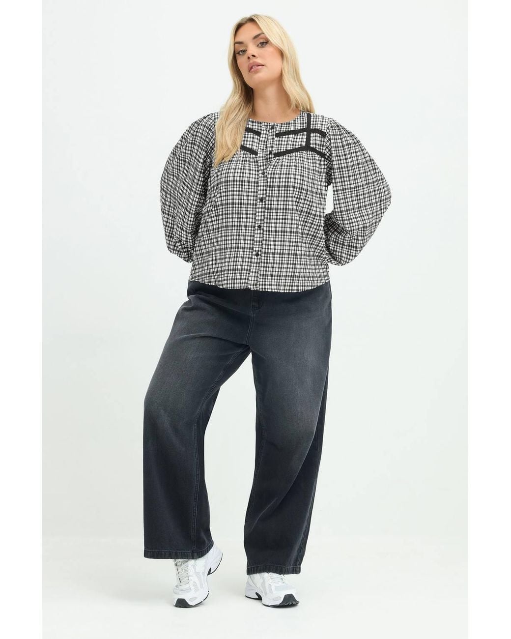 Yours Gray Gingham Lace Detail Blouse