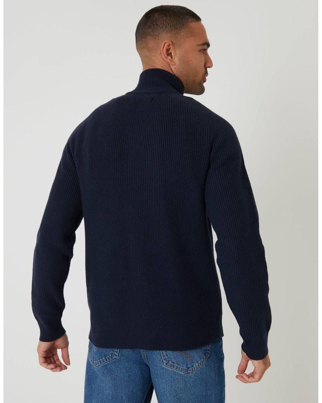 Threadbare Blue Rib Panel Quarter Zip Knitted Jumper for men