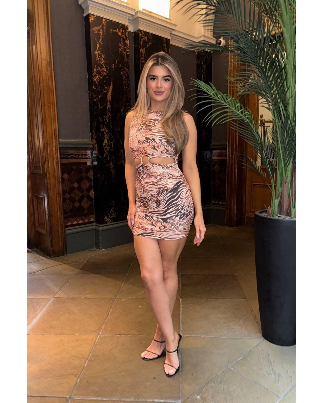 Femme Luxe Brown Leopard Ribbed Marble Print Cut Out Detail Mini Dress