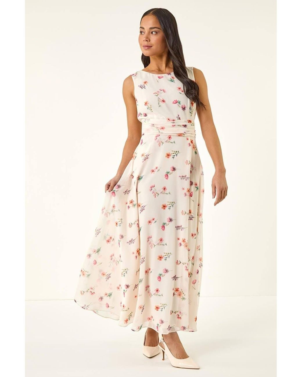 Roman White Petite Floral Ruched Waist Maxi Dress