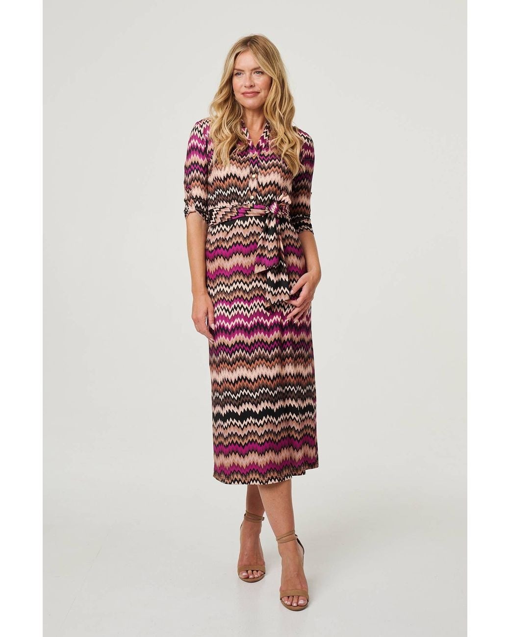 Izabel London Natural Chevron Print Tie Waist Midi Shirt Dress