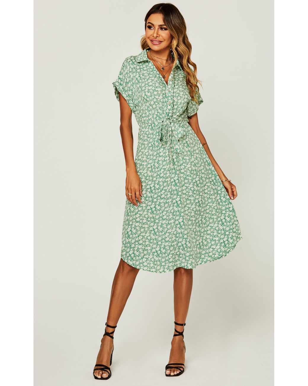 FS Collection Green Relaxed Floral Print Button Down Midi Shirt Dress