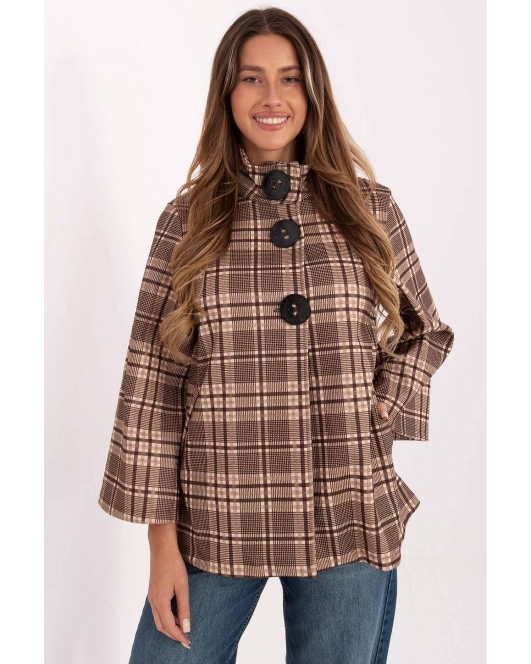 Love Lace Brown Timeless Checkered Stand Collar Button Coat