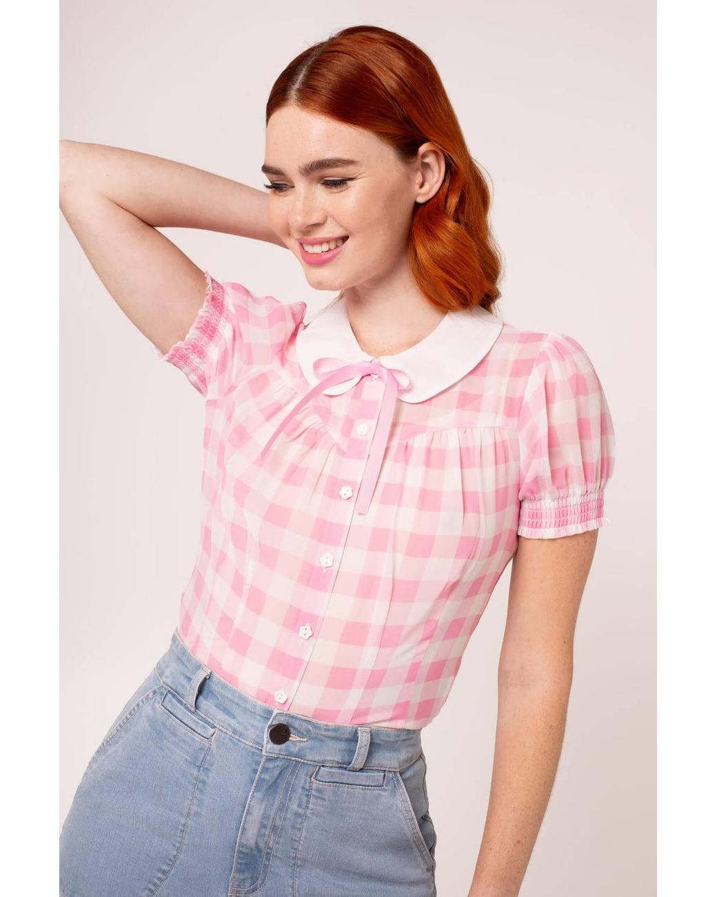 Hell Bunny Pink Cindy Gingham Chiffon Blouse With Puff Sleeves & Bow Collar