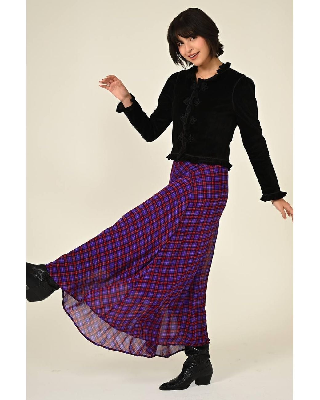 Rose & Nancy Purple Monica Check Maxi Skirt