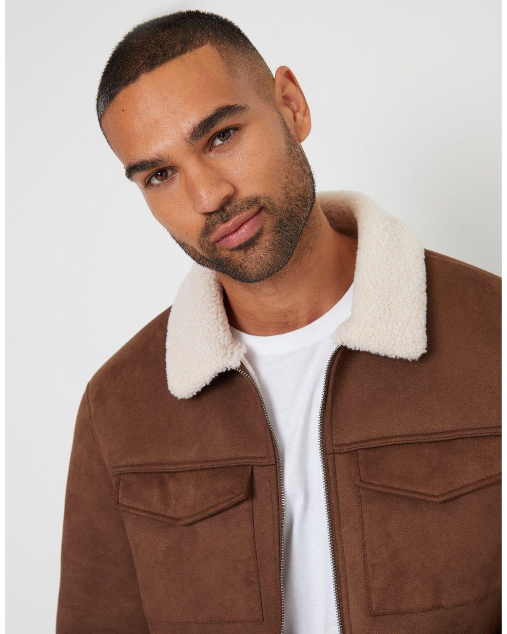 Threadbare Brown Faux Suede Borg Lined Aviator Jacket for men