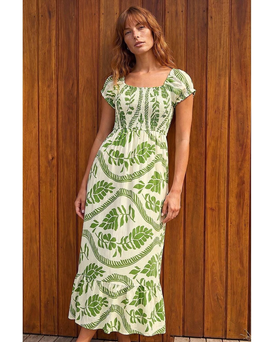 Roman Green Leaf Print Shirred Maxi Dress