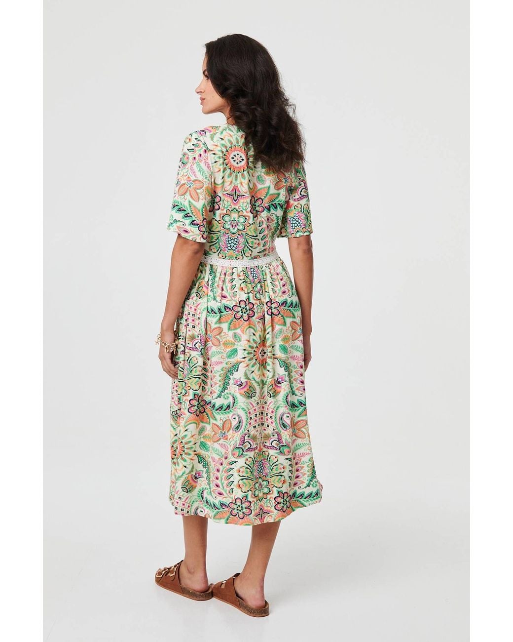 Izabel London Green Printed 1/2 Flared Sleeve Midi Dress