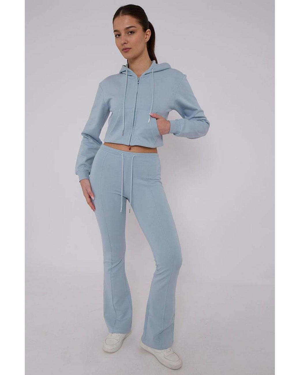 Stylewise Blue Cropped Zip Hoodie & Flared Trouser Set